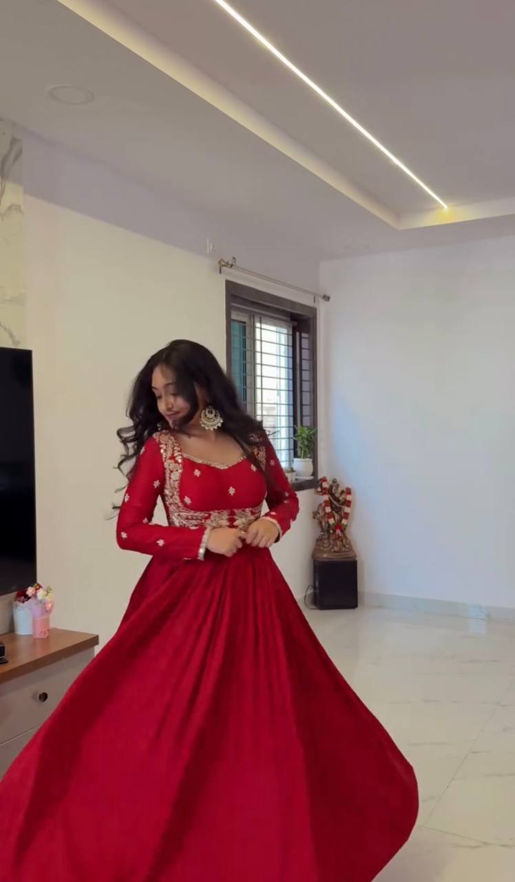 Women’s Heavy Chinon Silk Gown Set with Pant & Dupatta | D.No.- 1153
