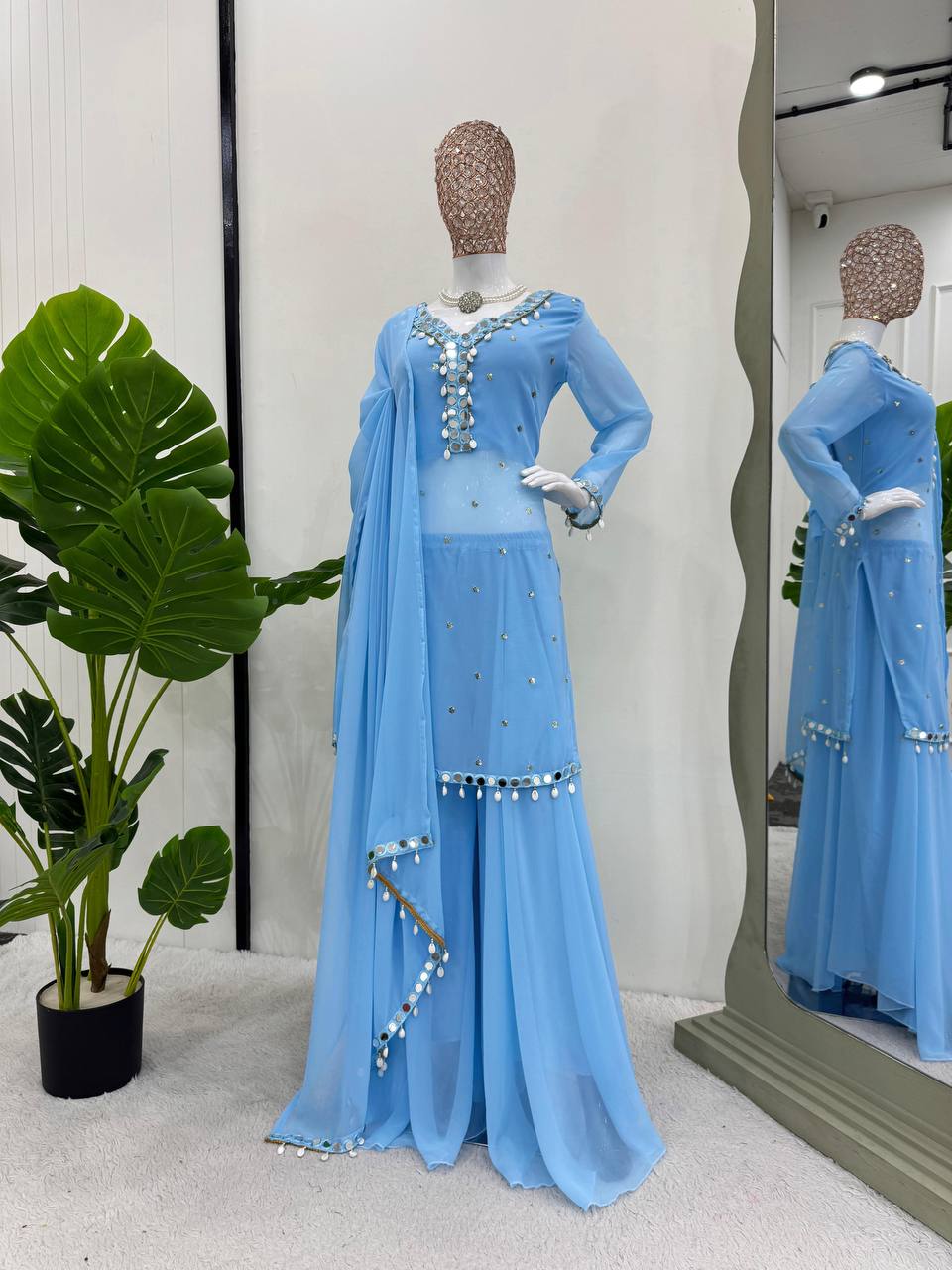 Fox Georgette Real Mirror Work Top Palazzo Set – D No. 1158