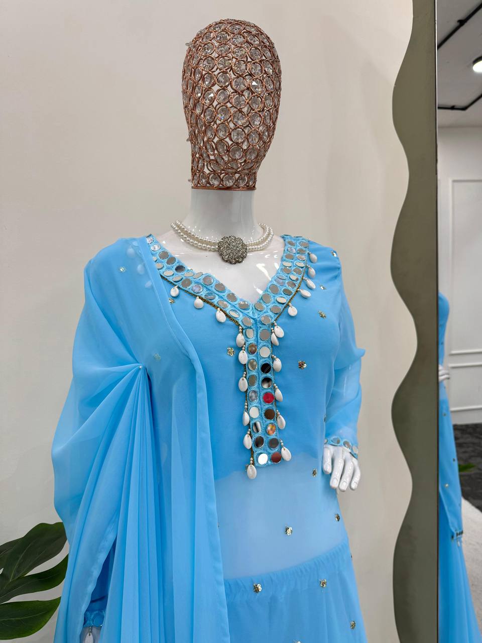 Fox Georgette Real Mirror Work Top Palazzo Set – D No. 1158