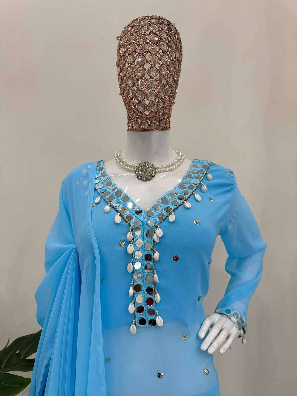 Fox Georgette Real Mirror Work Top Palazzo Set – D No. 1158