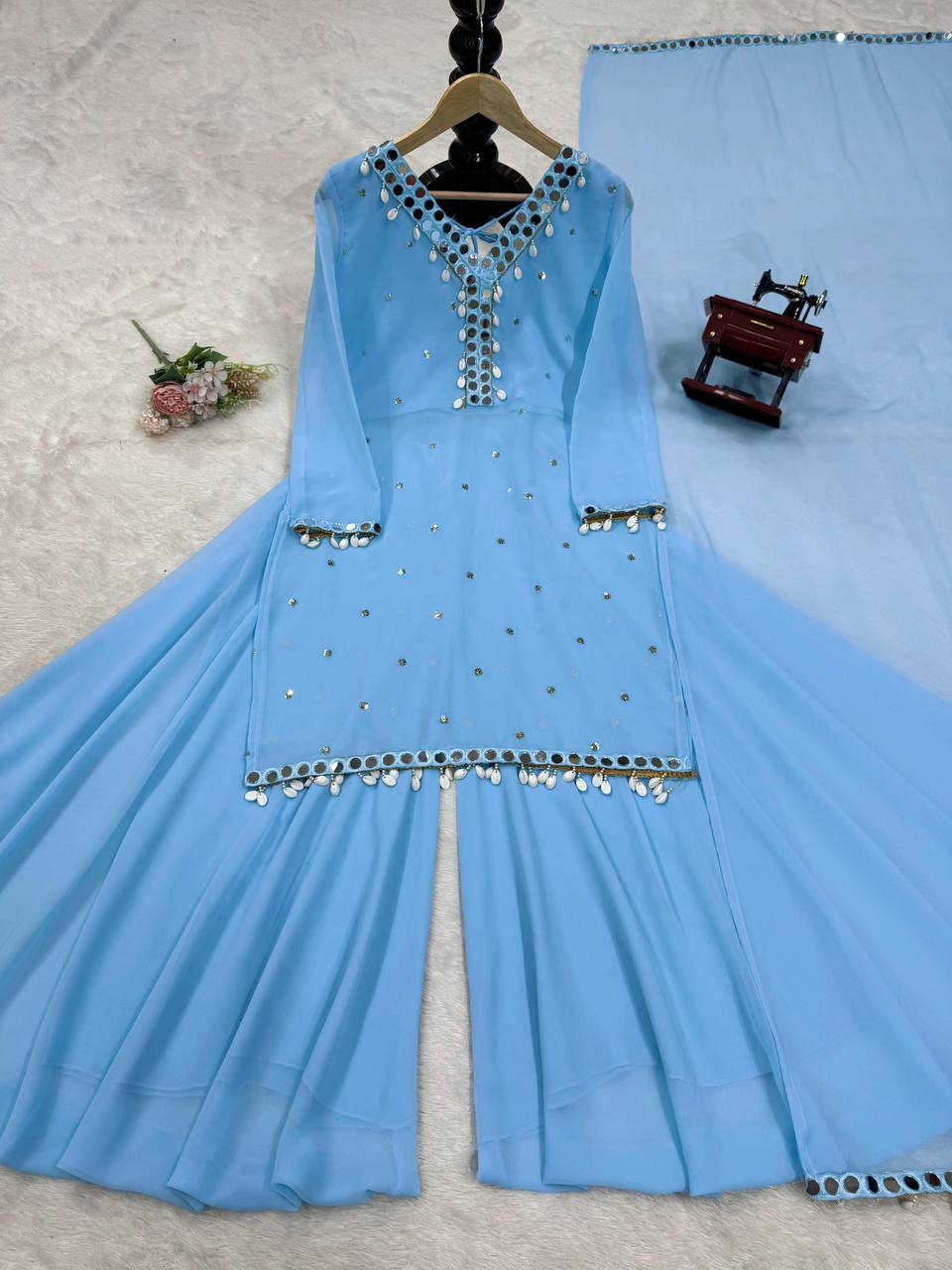 Fox Georgette Real Mirror Work Top Palazzo Set – D No. 1158
