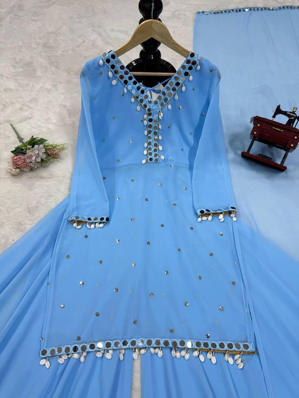 Fox Georgette Real Mirror Work Top Palazzo Set – D No. 1158