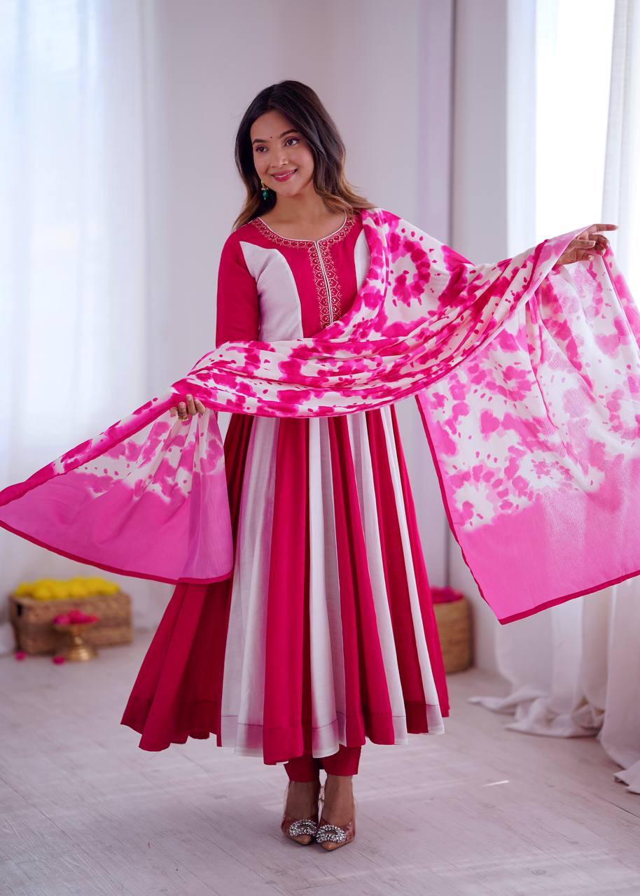 Roman Silk Embroidered Digital Print Anarkali Set – D.No- 1370