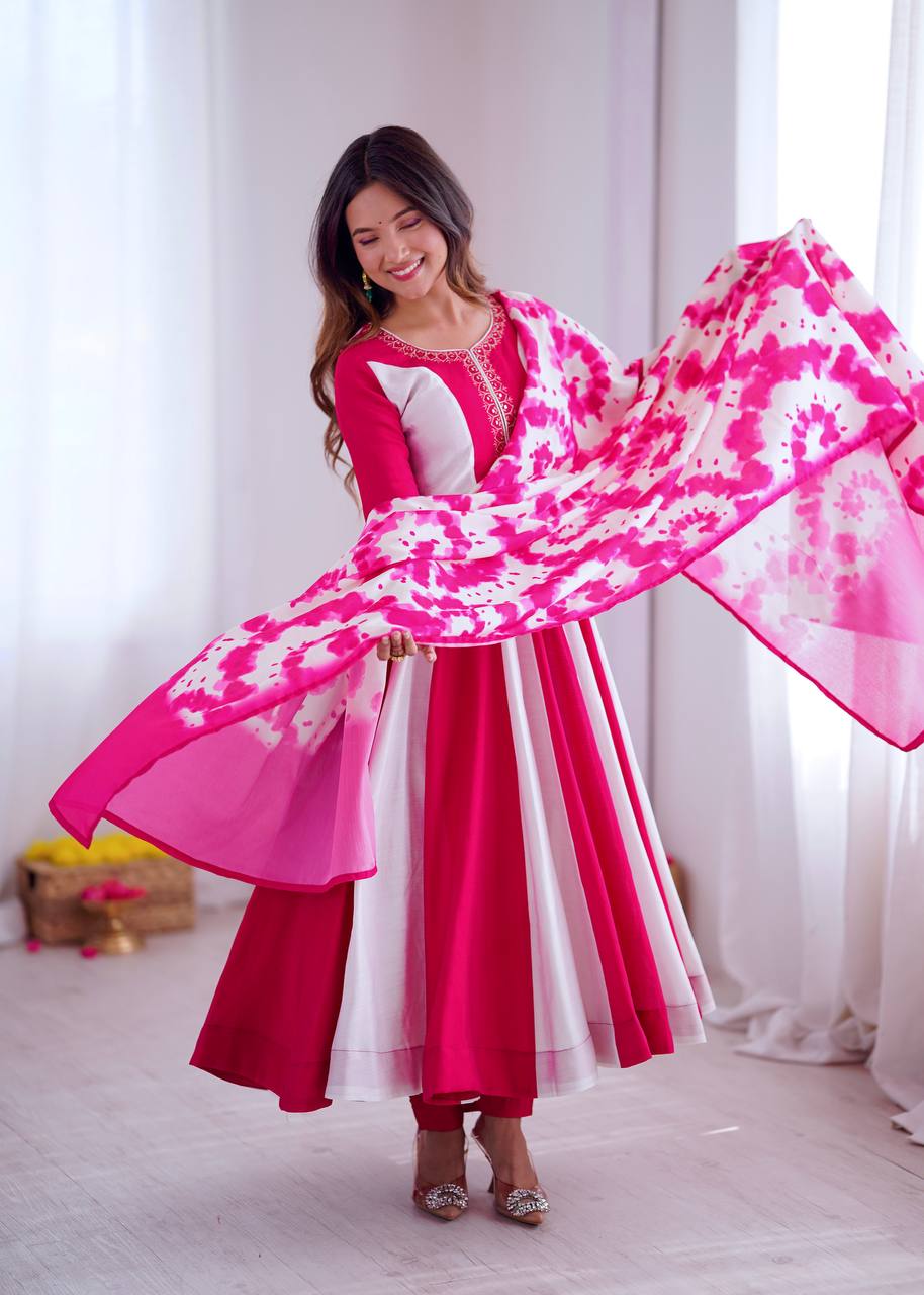 Roman Silk Embroidered Digital Print Anarkali Set – D.No- 1370