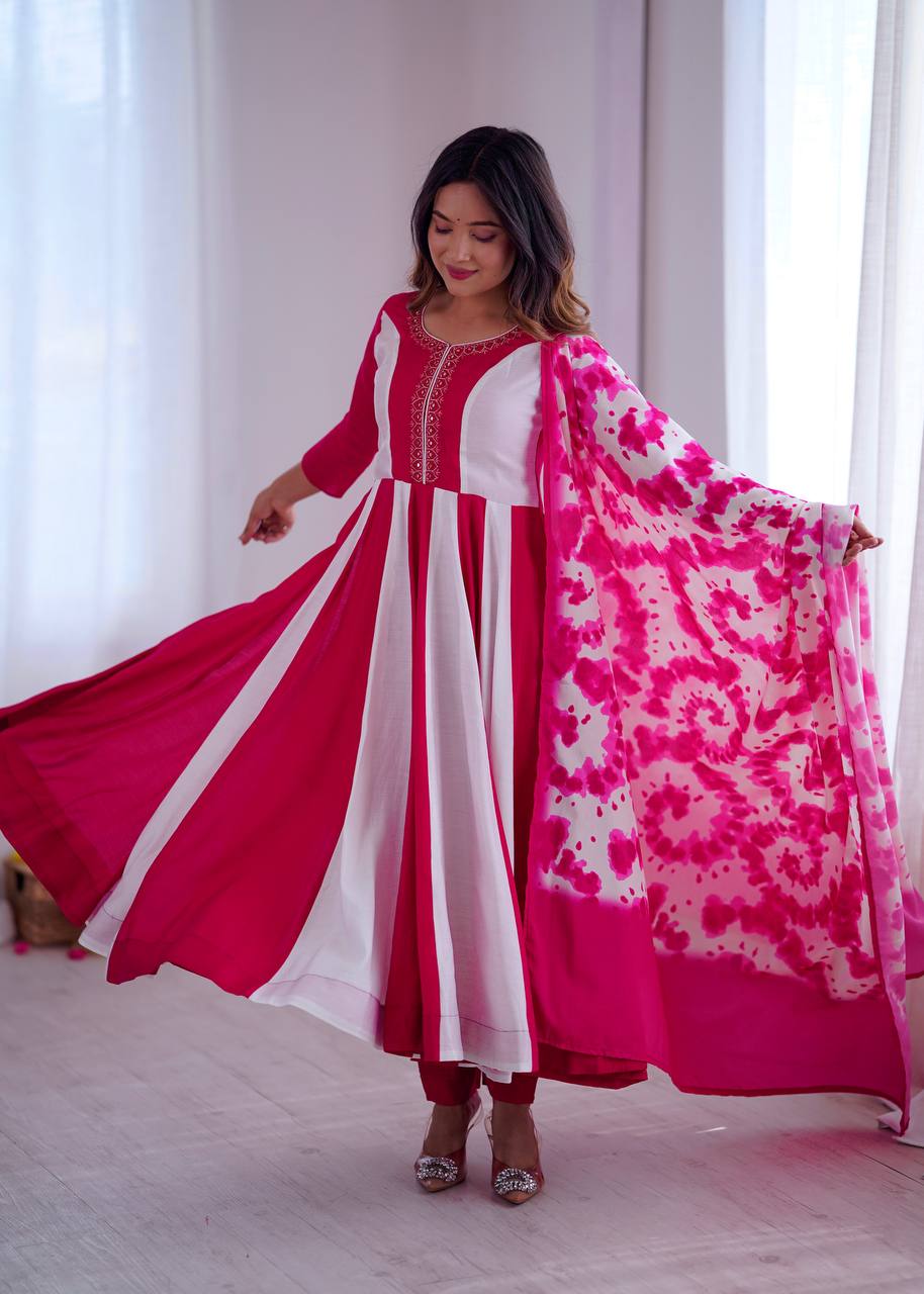 Roman Silk Embroidered Digital Print Anarkali Set – D.No- 1370