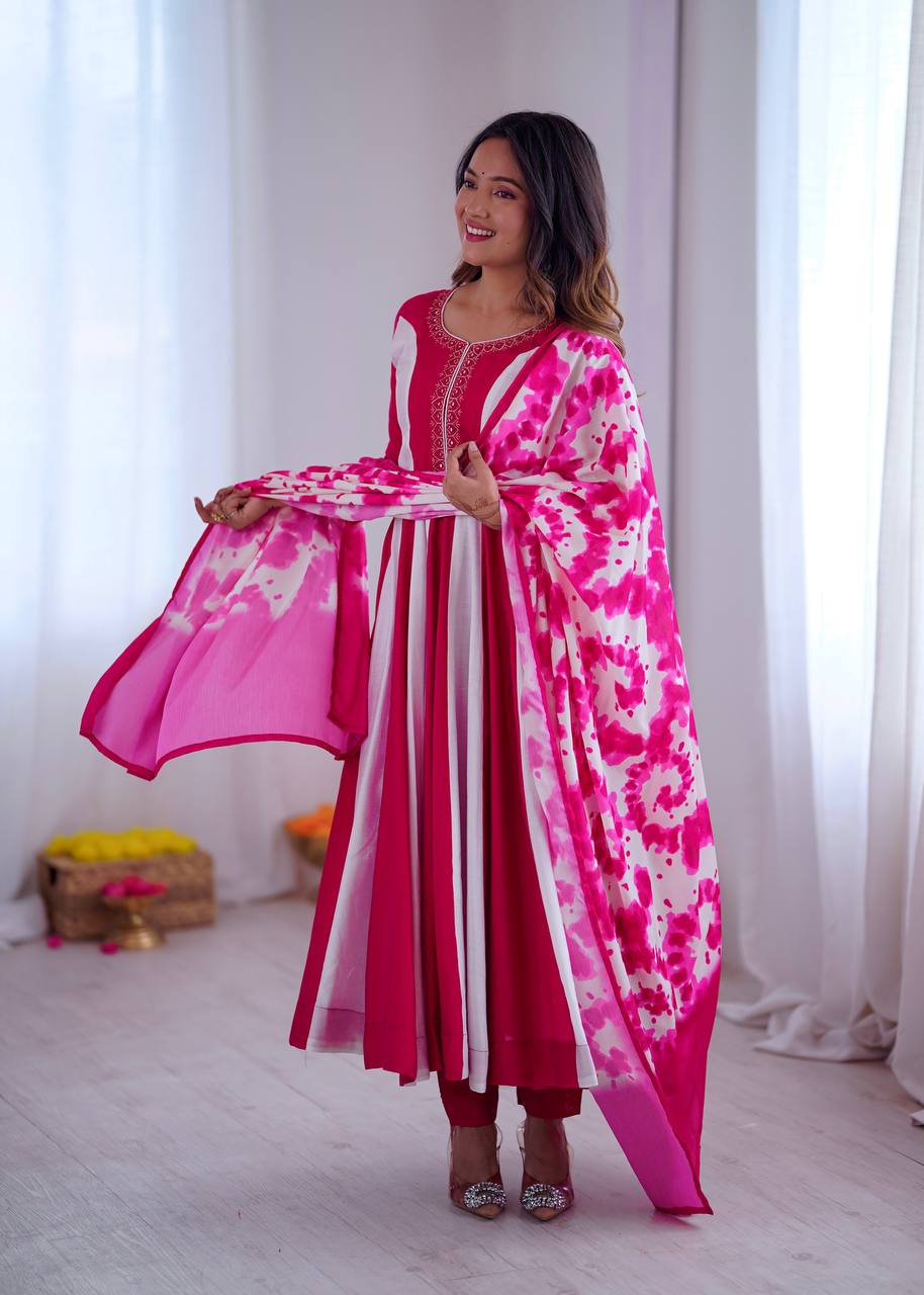 Roman Silk Embroidered Digital Print Anarkali Set – D.No- 1370
