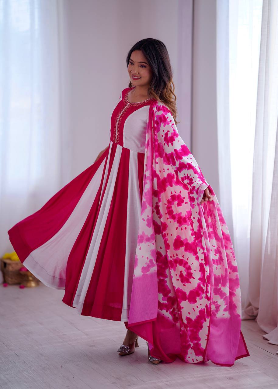 Roman Silk Embroidered Digital Print Anarkali Set – D.No- 1370