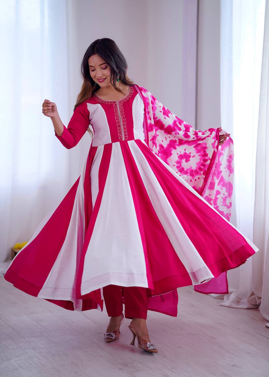 Roman Silk Embroidered Digital Print Anarkali Set – D.No- 1370