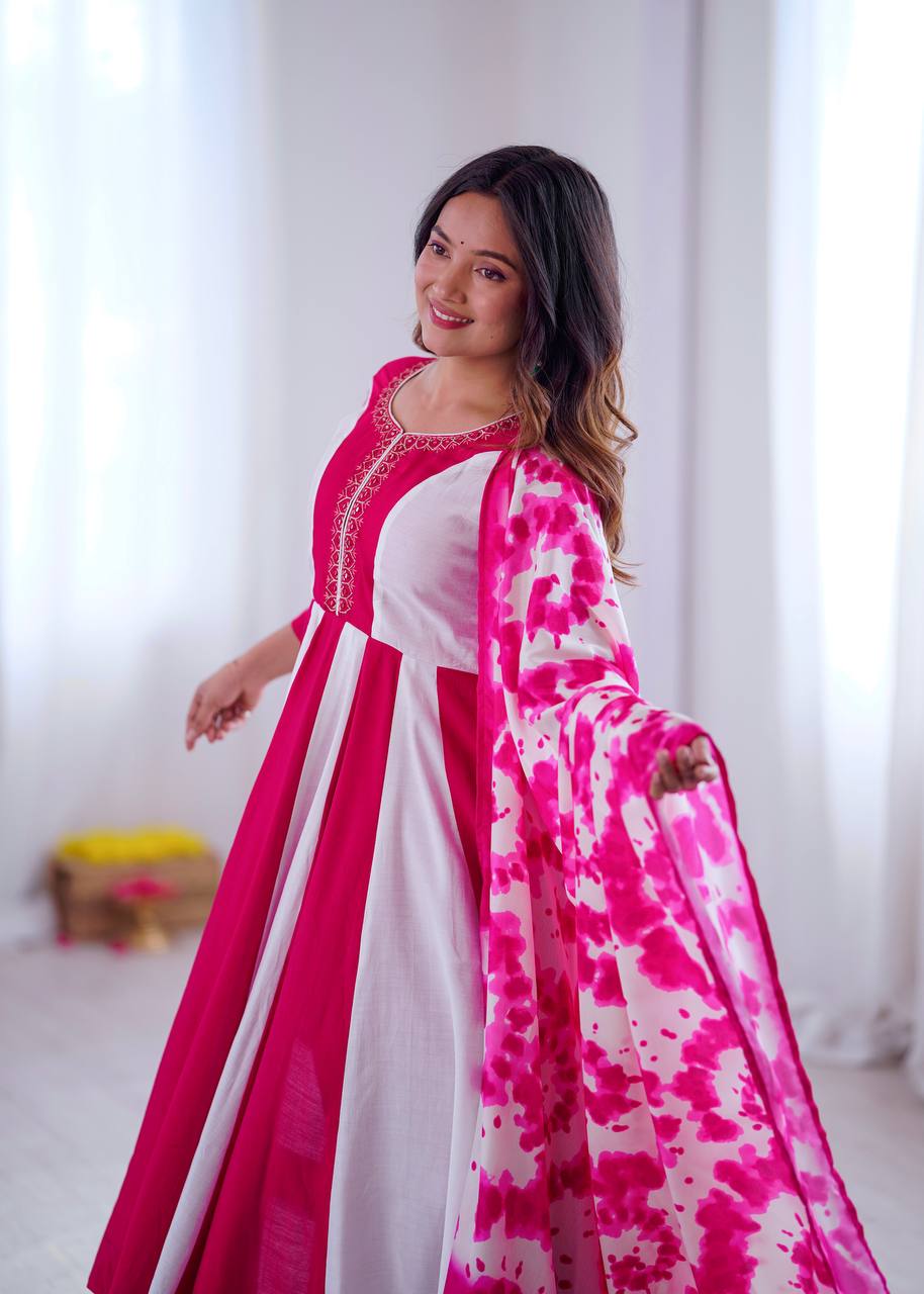 Roman Silk Embroidered Digital Print Anarkali Set – D.No- 1370