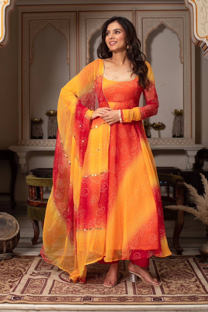 Fox Georgette Digital Print Anarkali Set with Pant & Dupatta- D No. 1210