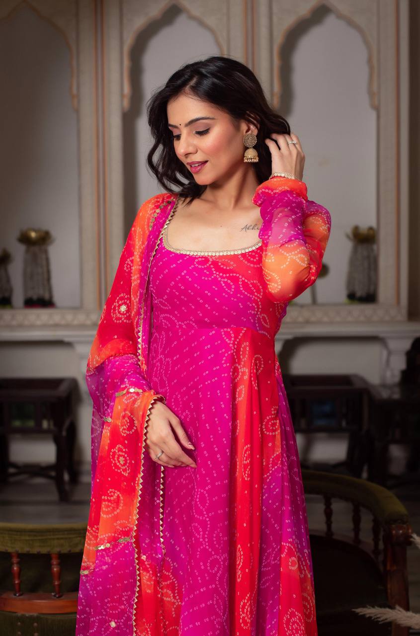 Fox Georgette Digital Print Anarkali Set with Pant & Dupatta- D No. 1210