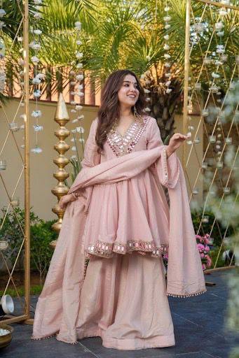 Designer Chinon Silk Suit Set with Real Mirror Work, Palazzo & Dupatta I DNo.1312