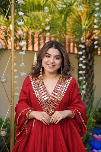 Designer Chinon Silk Suit Set with Real Mirror Work, Palazzo & Dupatta I DNo.1312