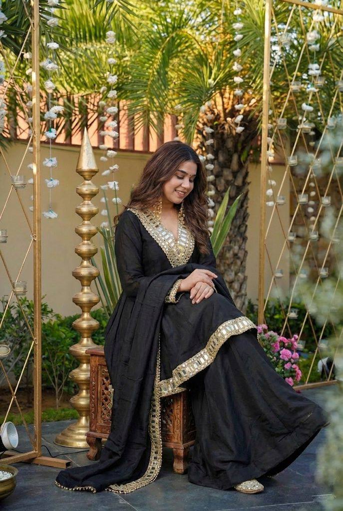 Designer Chinon Silk Suit Set with Real Mirror Work, Palazzo & Dupatta I DNo.1312