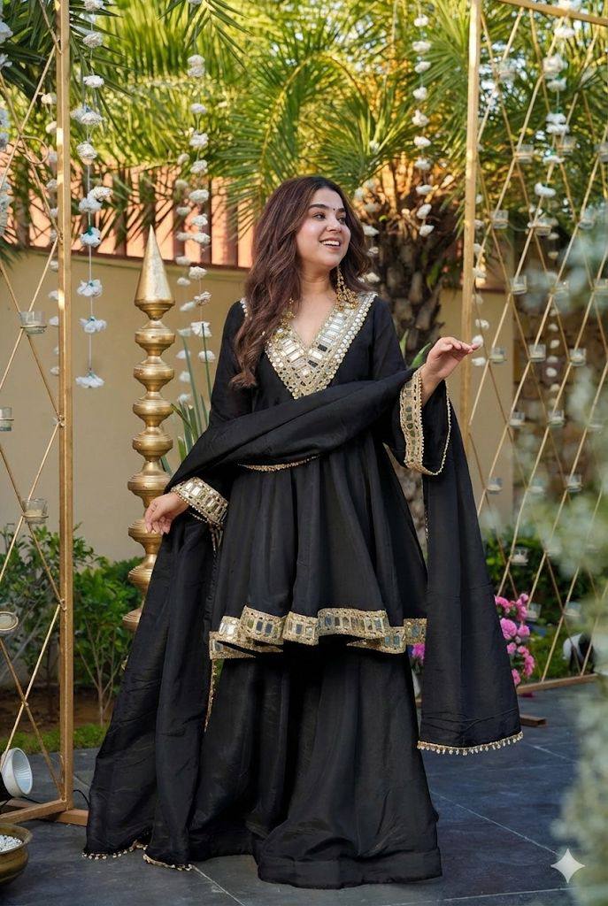Designer Chinon Silk Suit Set with Real Mirror Work, Palazzo & Dupatta I DNo.1312