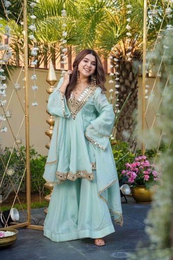 Designer Chinon Silk Suit Set with Real Mirror Work, Palazzo & Dupatta I DNo.1312