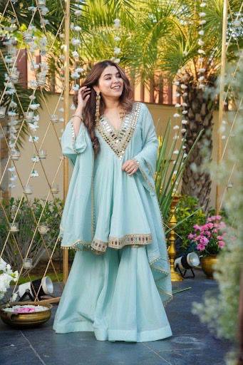 Designer Chinon Silk Suit Set with Real Mirror Work, Palazzo & Dupatta I DNo.1312