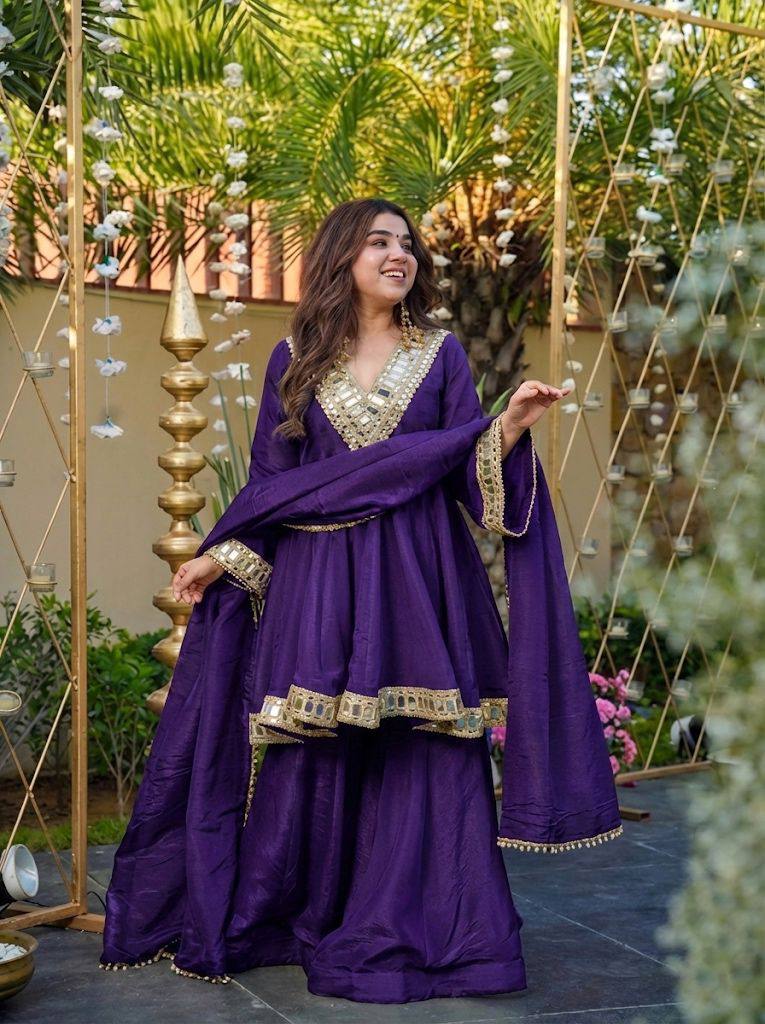 Designer Chinon Silk Suit Set with Real Mirror Work, Palazzo & Dupatta I DNo.1312