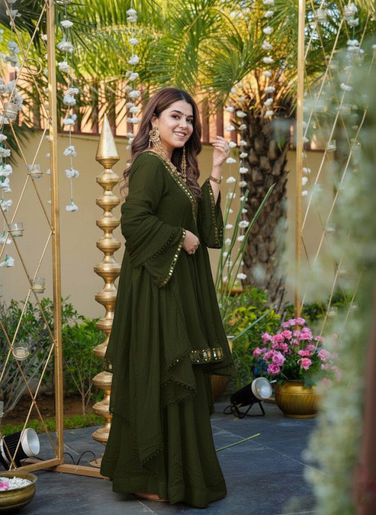 Designer Chinon Silk Suit Set with Real Mirror Work, Palazzo & Dupatta I DNo.1312
