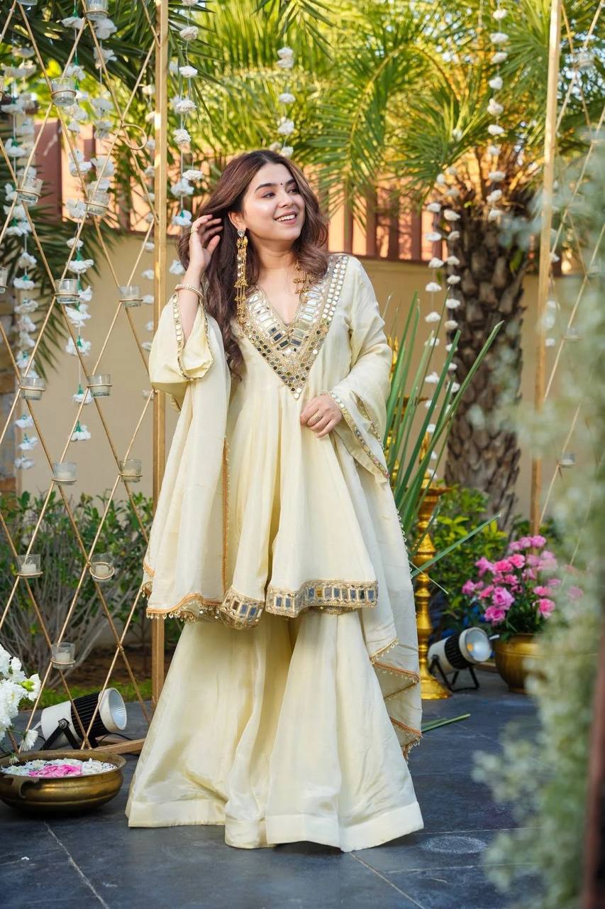 Designer Chinon Silk Suit Set with Real Mirror Work, Palazzo & Dupatta I DNo.1312