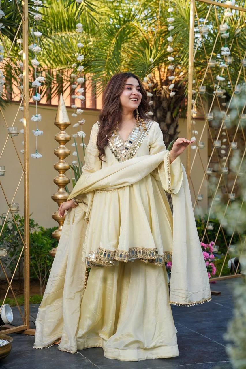 Designer Chinon Silk Suit Set with Real Mirror Work, Palazzo & Dupatta I DNo.1312