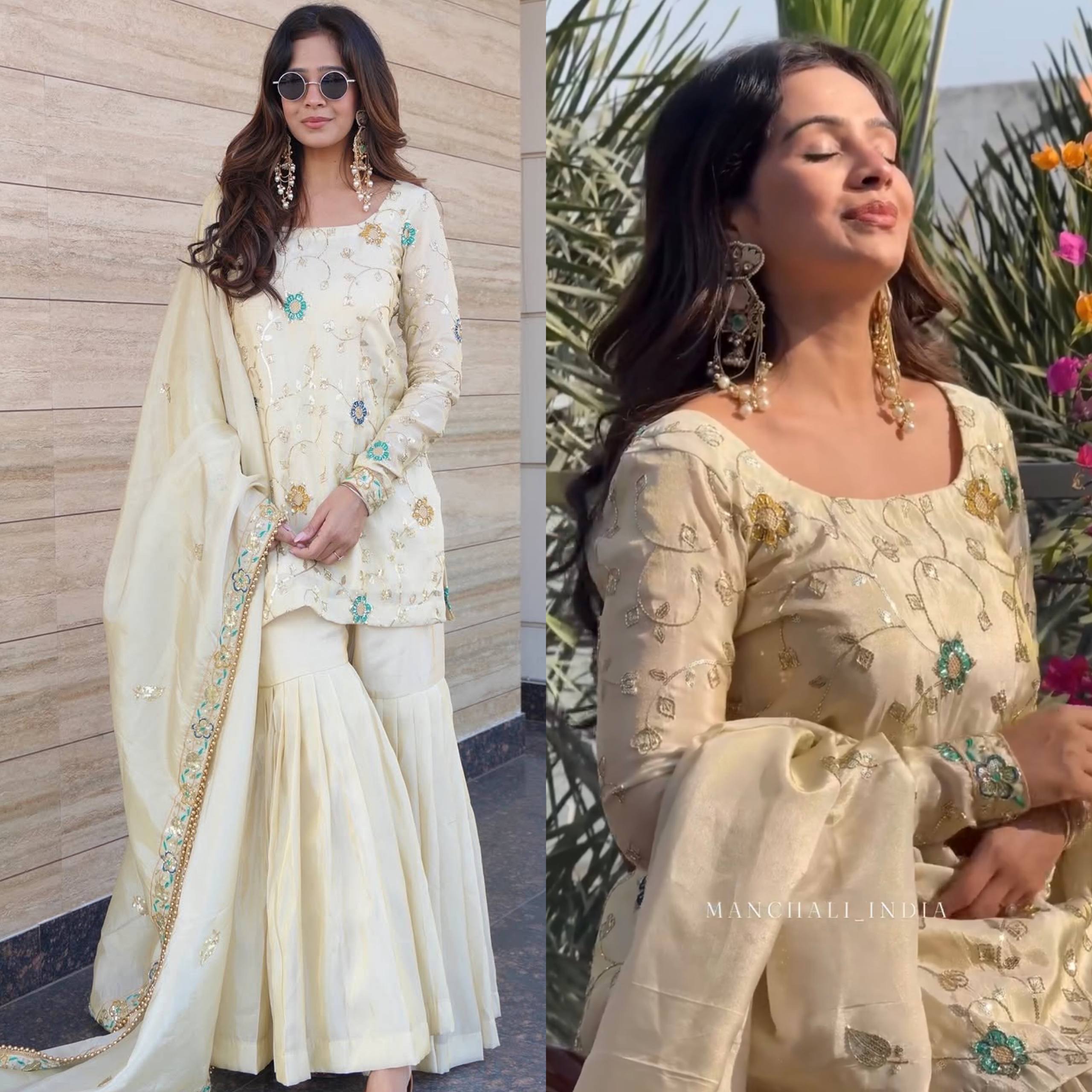 Heavy Pure Chinnon Embroidered Top Sharara Set with Dupatta | Party Wear | D.No- 1210