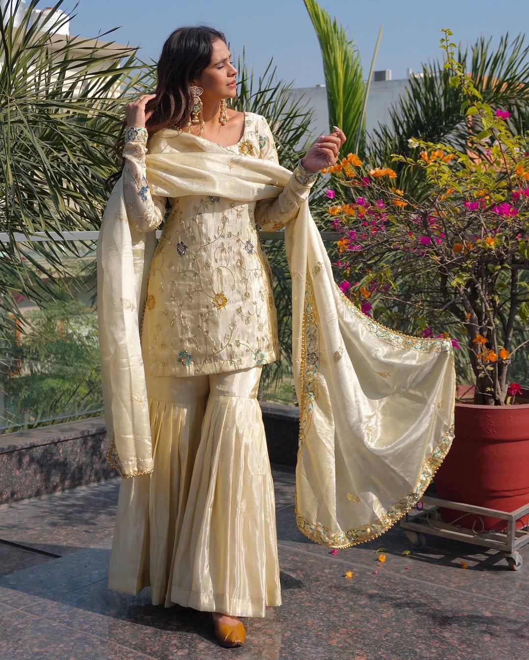 Heavy Pure Chinnon Embroidered Top Sharara Set with Dupatta | Party Wear | D.No- 1210