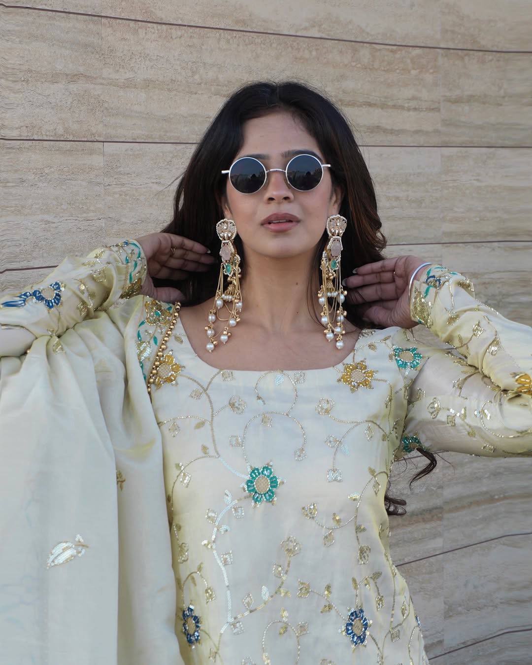 Heavy Pure Chinnon Embroidered Top Sharara Set with Dupatta | Party Wear | D.No- 1210