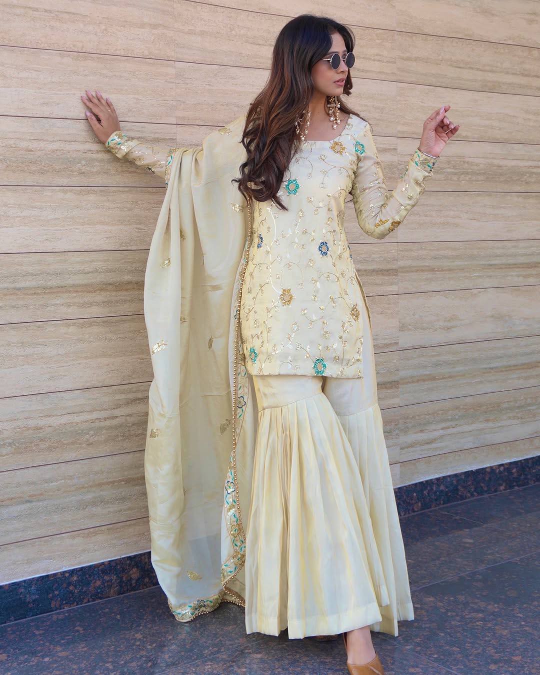 Heavy Pure Chinnon Embroidered Top Sharara Set with Dupatta | Party Wear | D.No- 1210