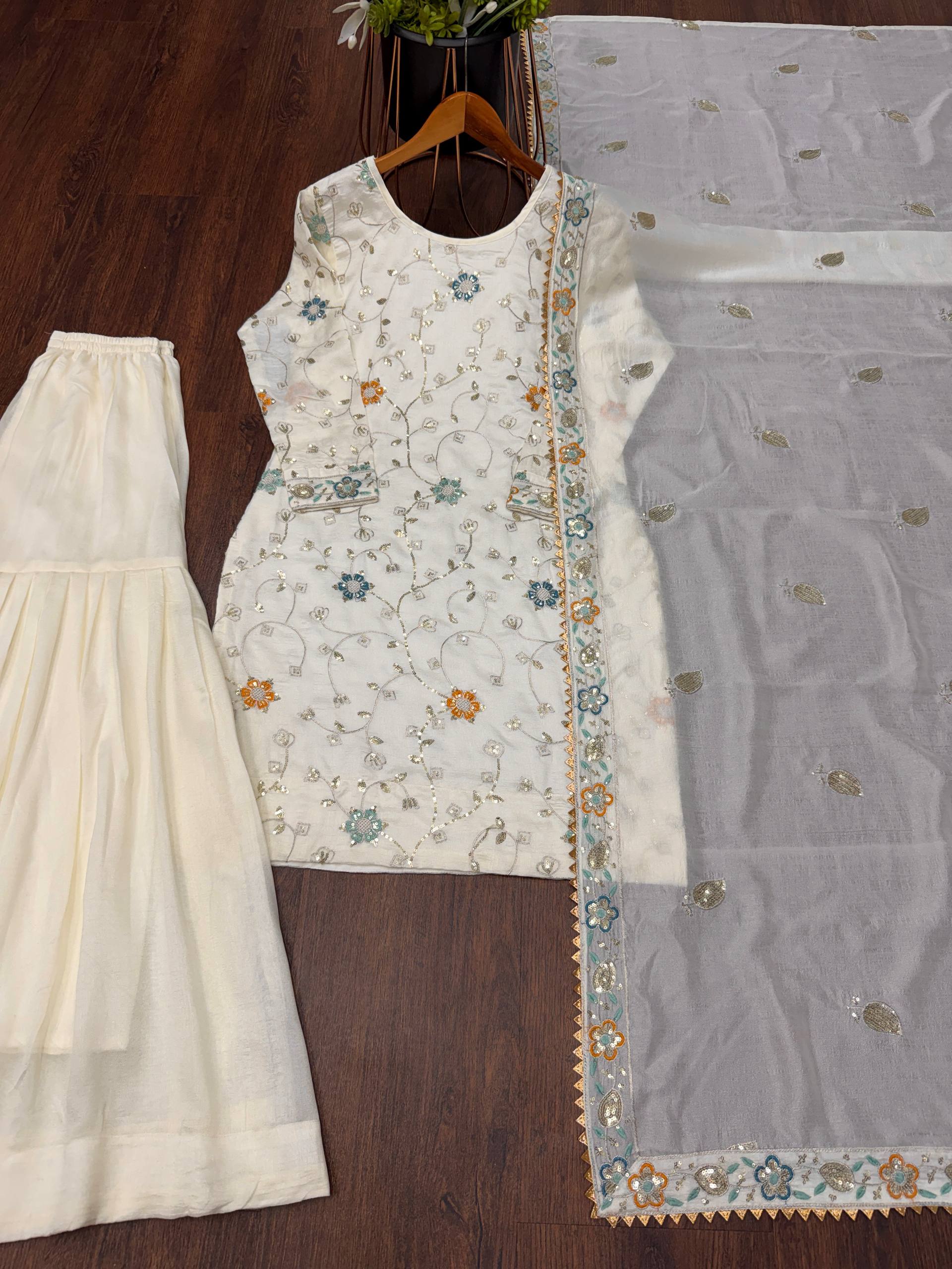 Heavy Pure Chinnon Embroidered Top Sharara Set with Dupatta | Party Wear | D.No- 1210