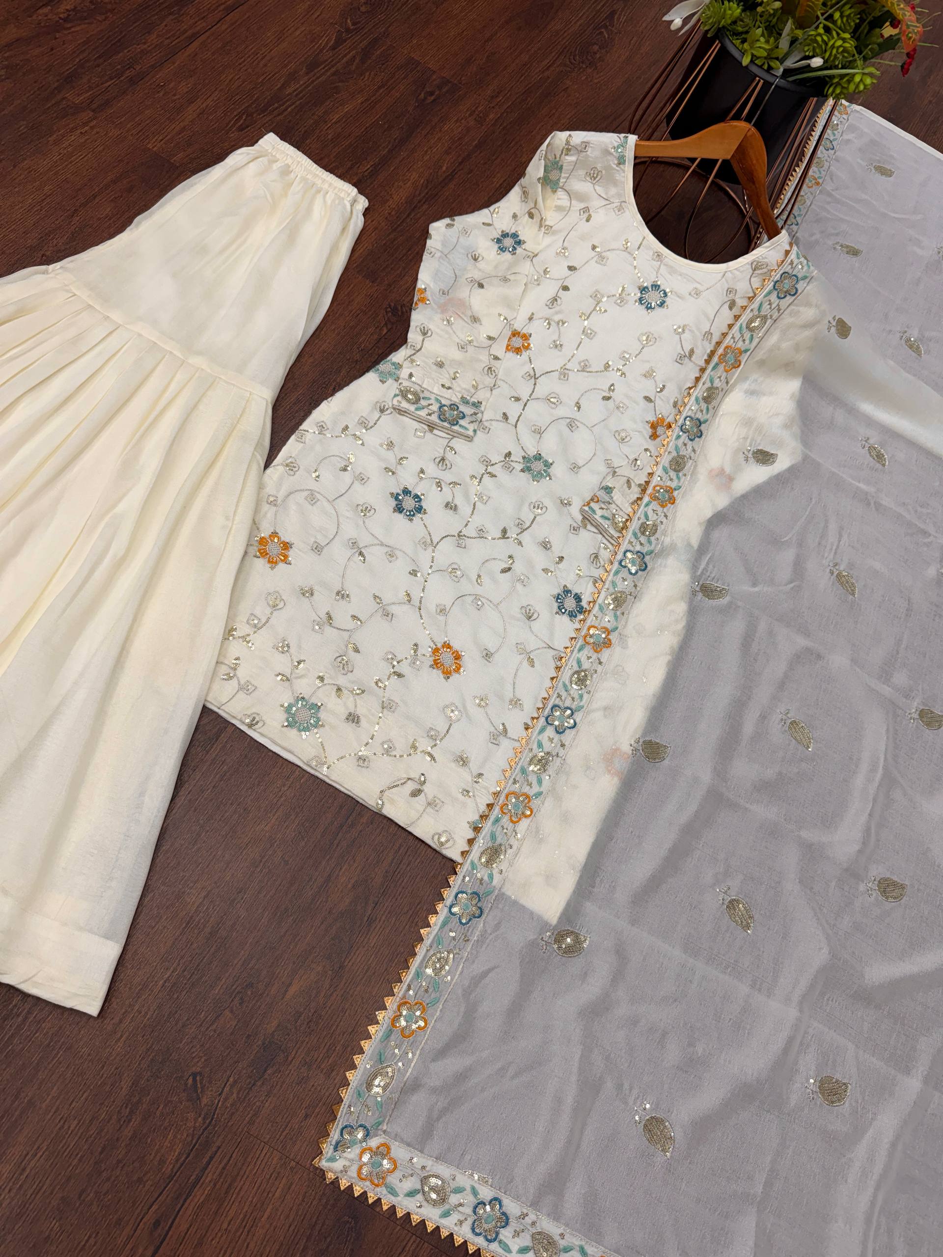 Heavy Pure Chinnon Embroidered Top Sharara Set with Dupatta | Party Wear | D.No- 1210