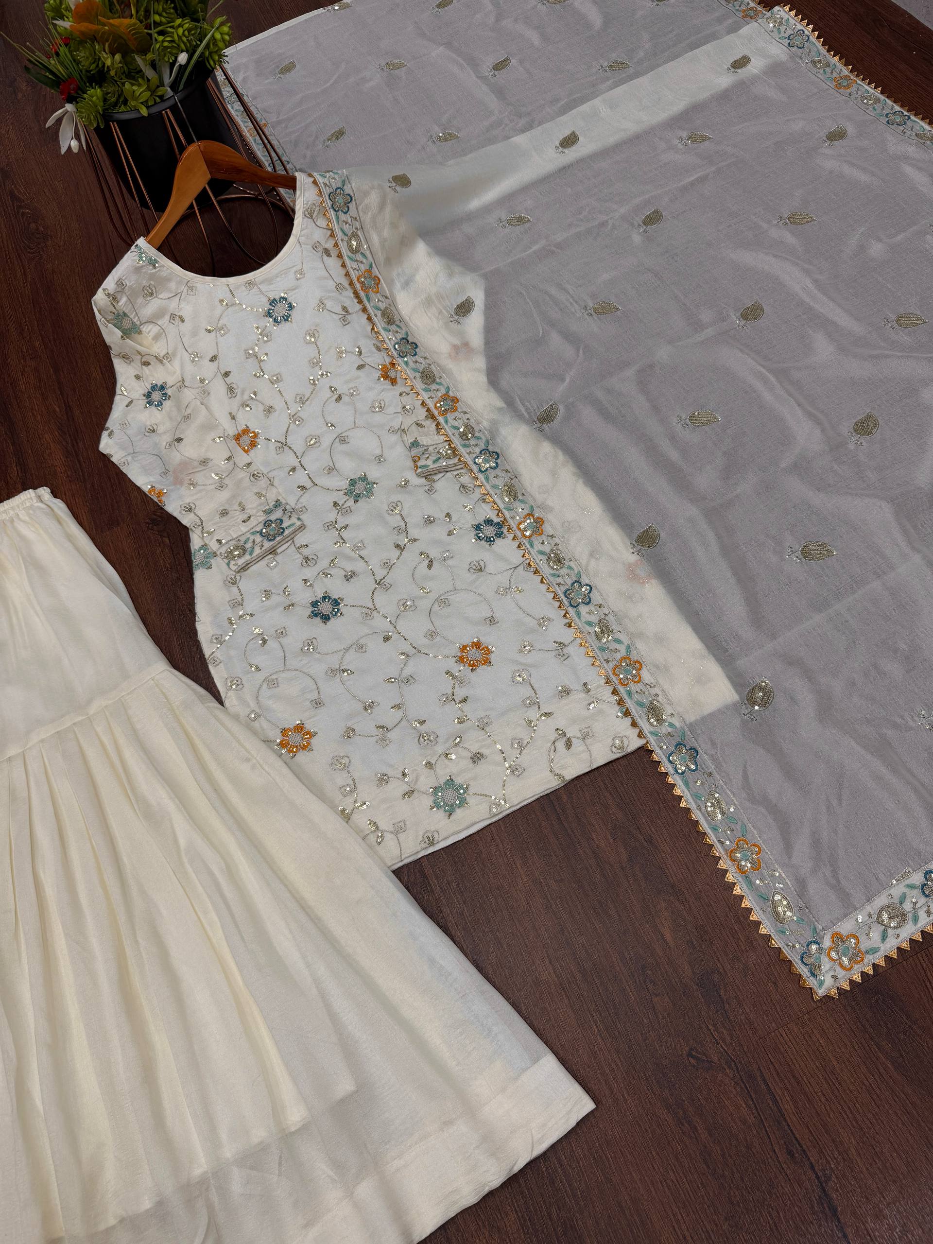 Heavy Pure Chinnon Embroidered Top Sharara Set with Dupatta | Party Wear | D.No- 1210