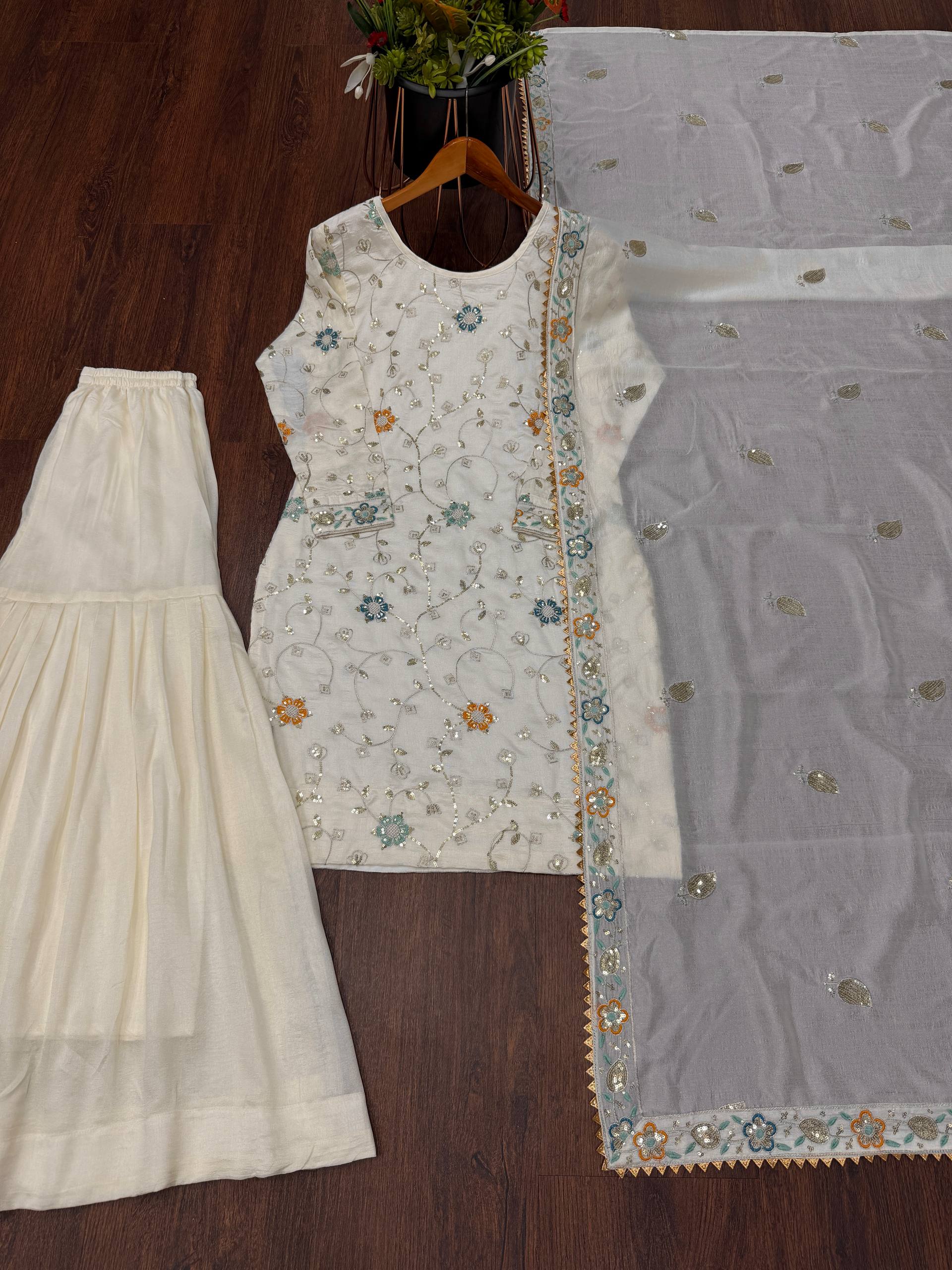 Heavy Pure Chinnon Embroidered Top Sharara Set with Dupatta | Party Wear | D.No- 1210