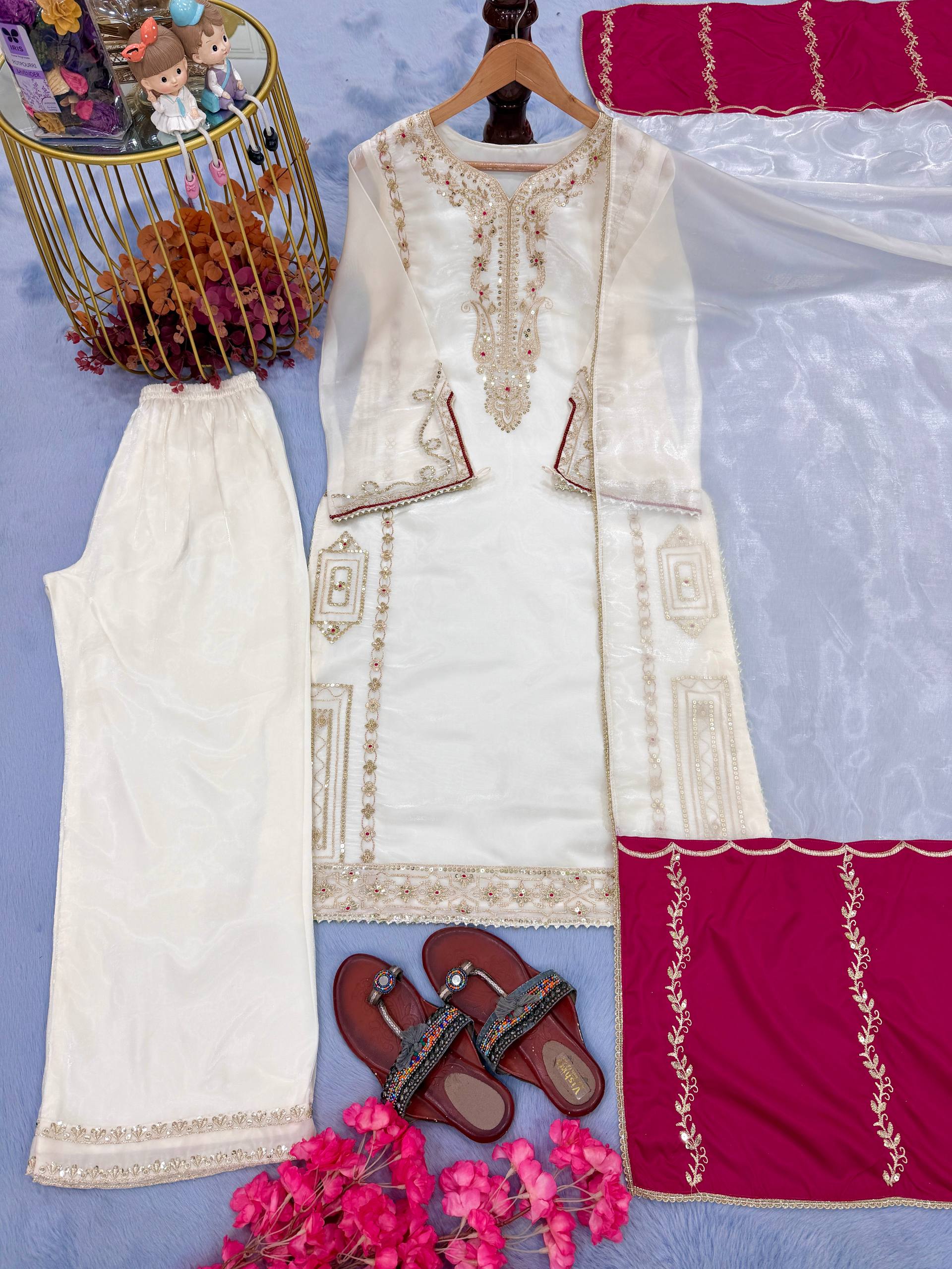 Designer Jimmy Choo Embroidered Top Plazzo Set with Dupatta | Party Wear – D.No- 1369