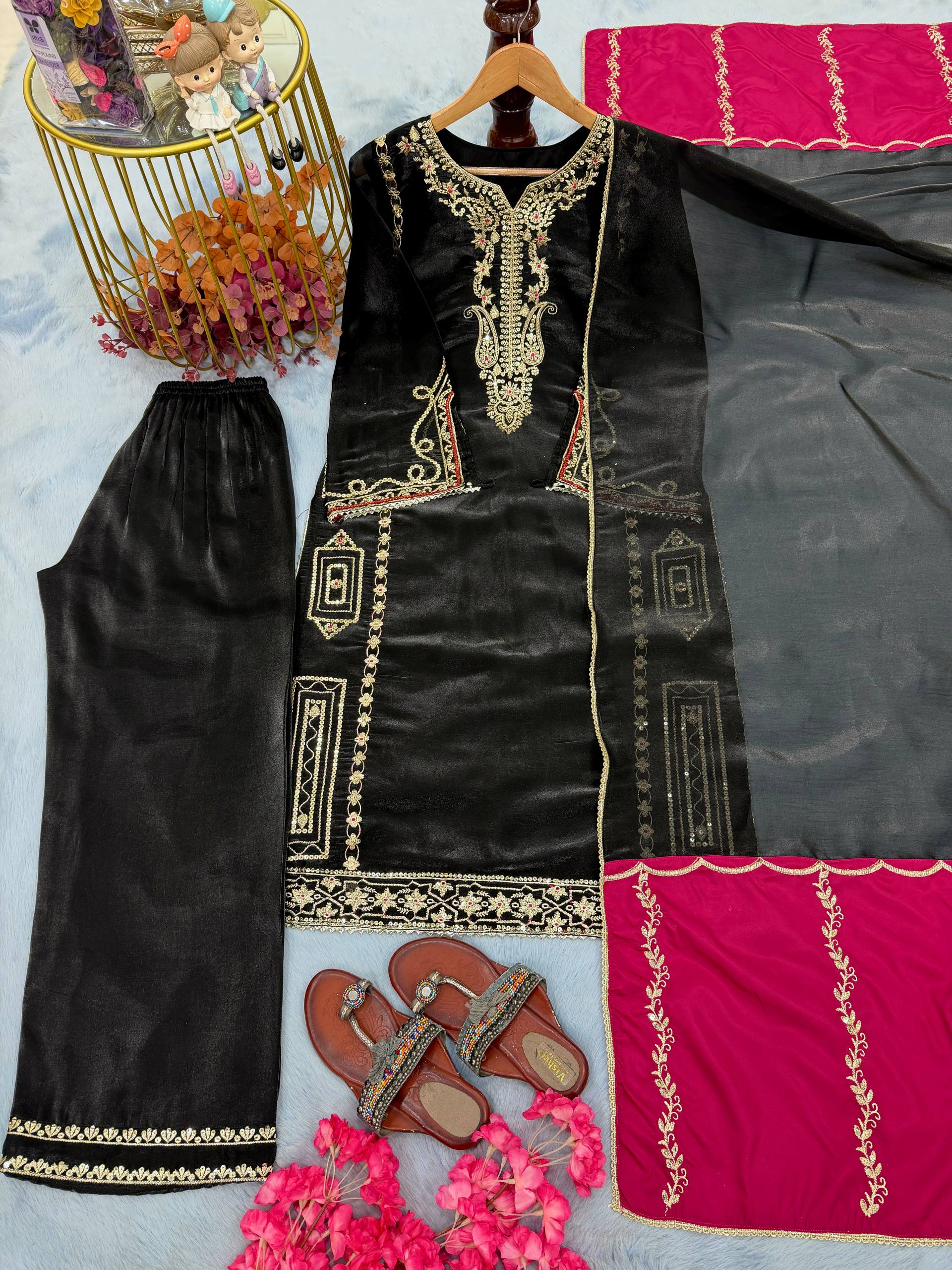 Designer Jimmy Choo Embroidered Top Plazzo Set with Dupatta | Party Wear – D.No- 1369