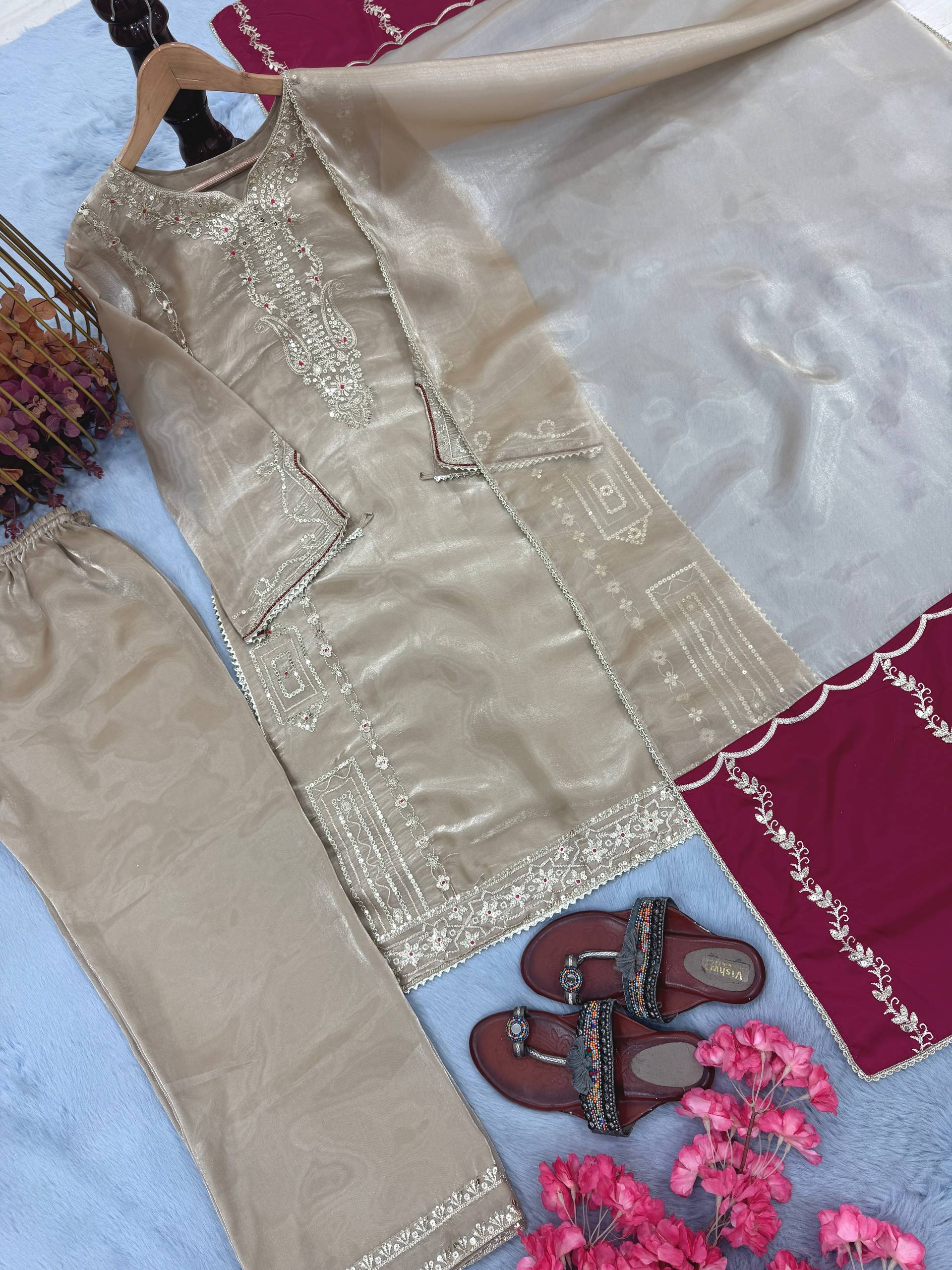 Designer Jimmy Choo Embroidered Top Plazzo Set with Dupatta | Party Wear – D.No- 1369
