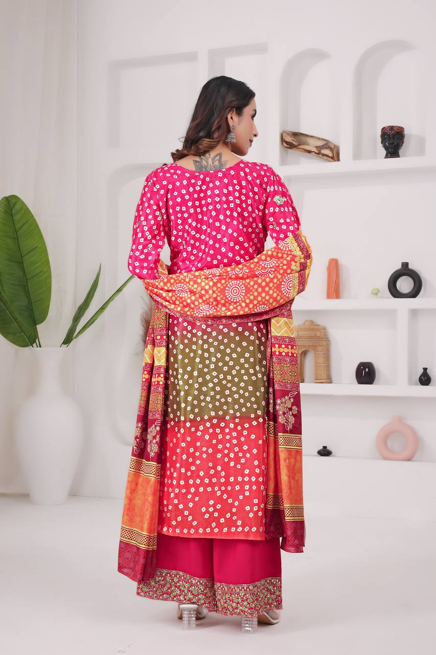 Designer Chinon Silk Printed Long Kurti Plazzo Set with Dupatta | Party Wear – D.No- 1264