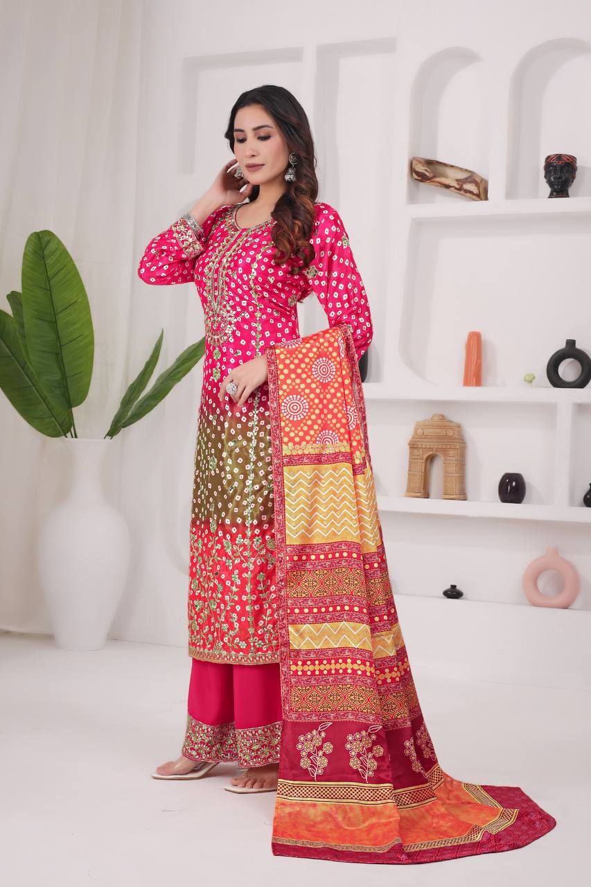 Designer Chinon Silk Printed Long Kurti Plazzo Set with Dupatta | Party Wear – D.No- 1264