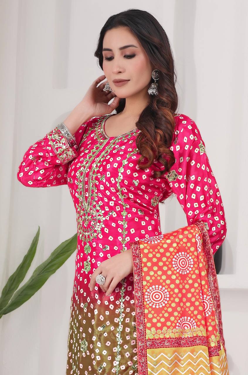 Designer Chinon Silk Printed Long Kurti Plazzo Set with Dupatta | Party Wear – D.No- 1264