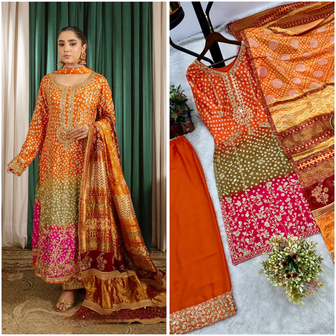 Designer Chinon Silk Printed Long Kurti Plazzo Set with Dupatta | Party Wear – D.No- 1264