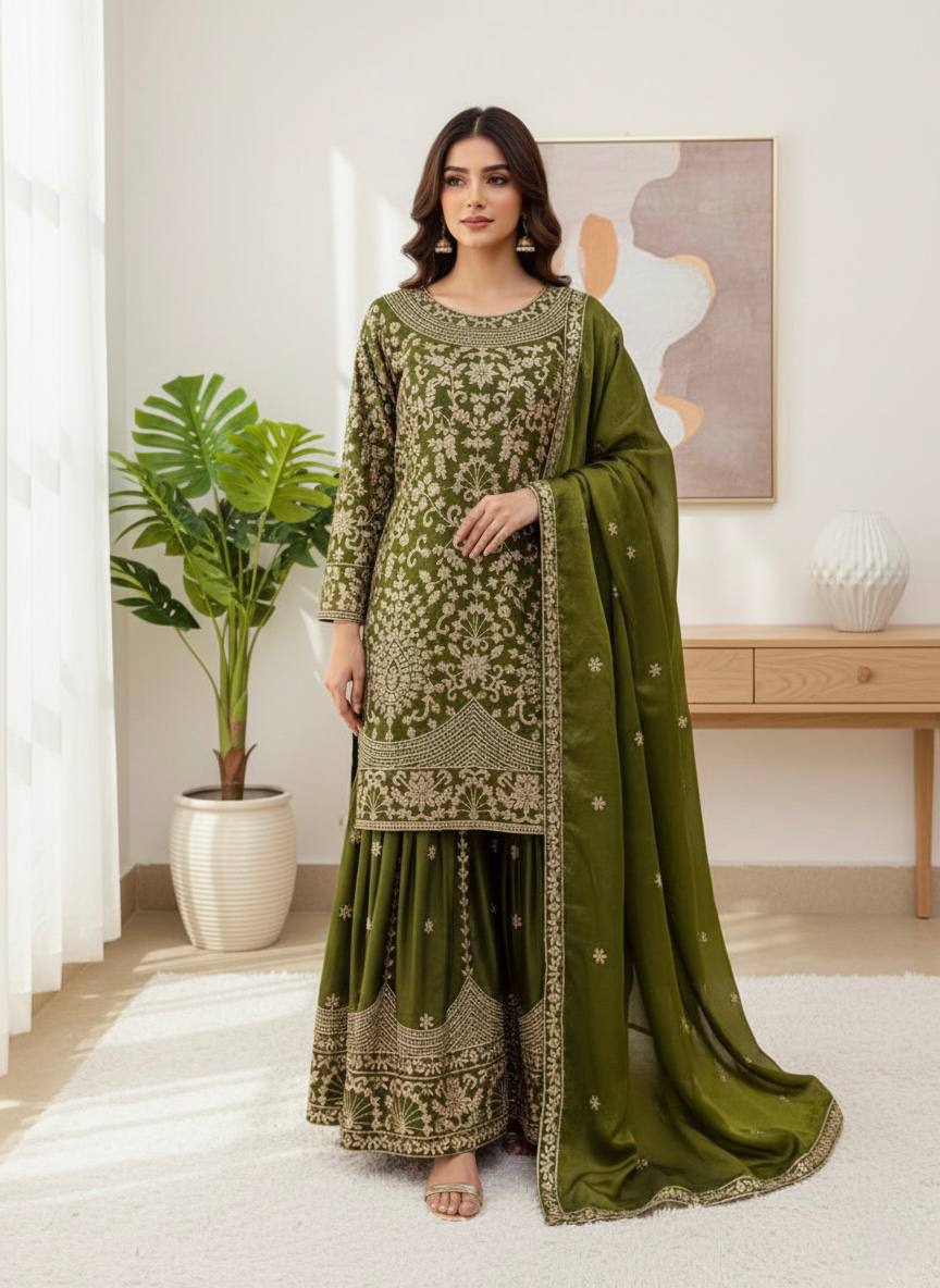 Designer GMY Silk Embroidered Top Sharara Palazzo Set with Dupatta | Party Wear – D.No. 1578