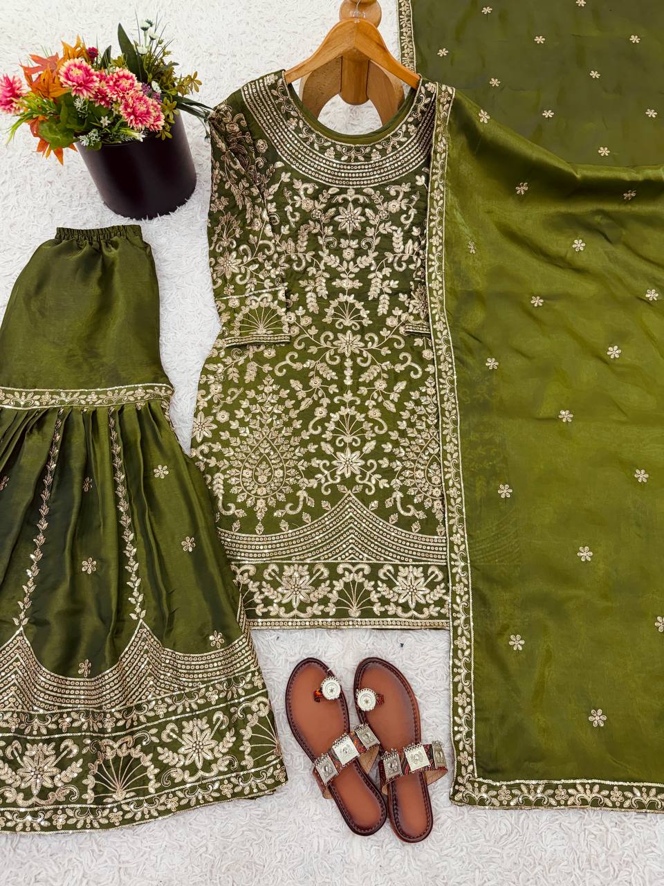 Designer GMY Silk Embroidered Top Sharara Palazzo Set with Dupatta | Party Wear – D.No. 1578