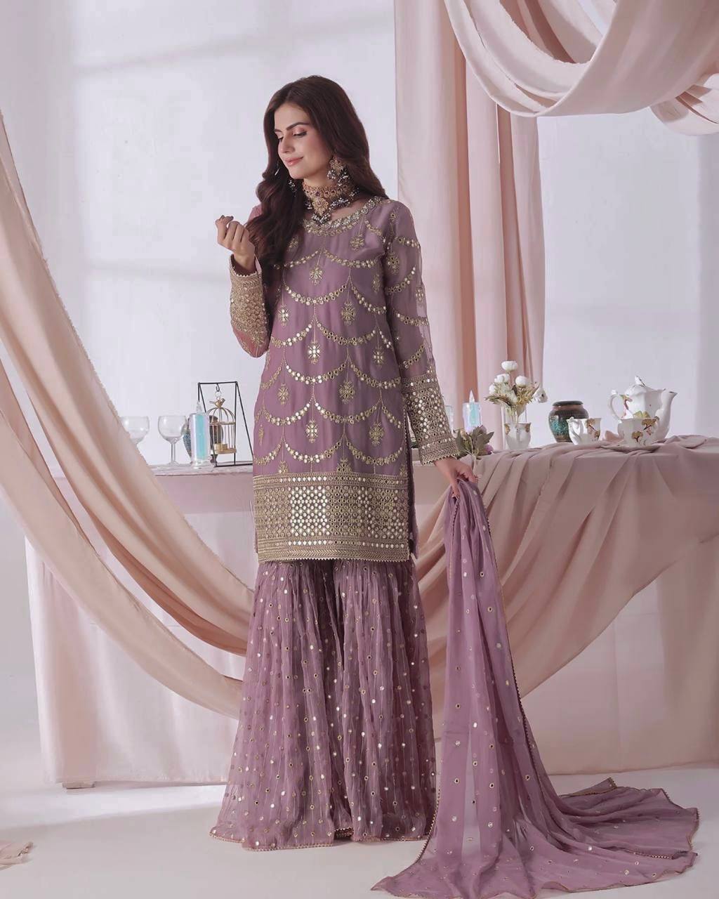 Designer Faux Georgette Embroidered Kurti Sharara Set with Dupatta | Party Wear – D.No. 1369
