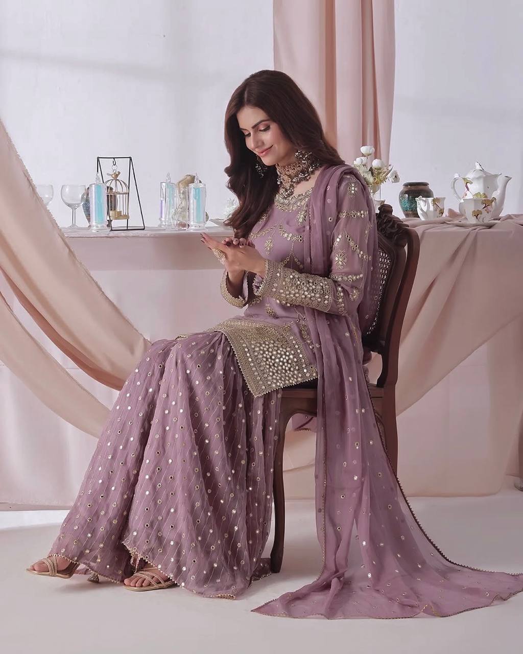Designer Faux Georgette Embroidered Kurti Sharara Set with Dupatta | Party Wear – D.No. 1369