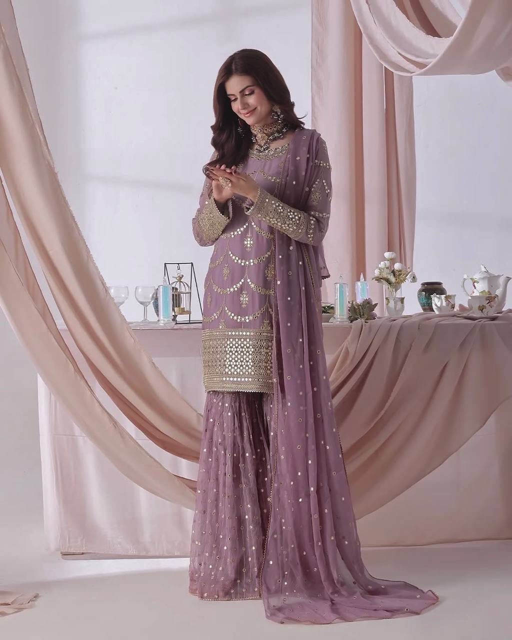 Designer Faux Georgette Embroidered Kurti Sharara Set with Dupatta | Party Wear – D.No. 1369