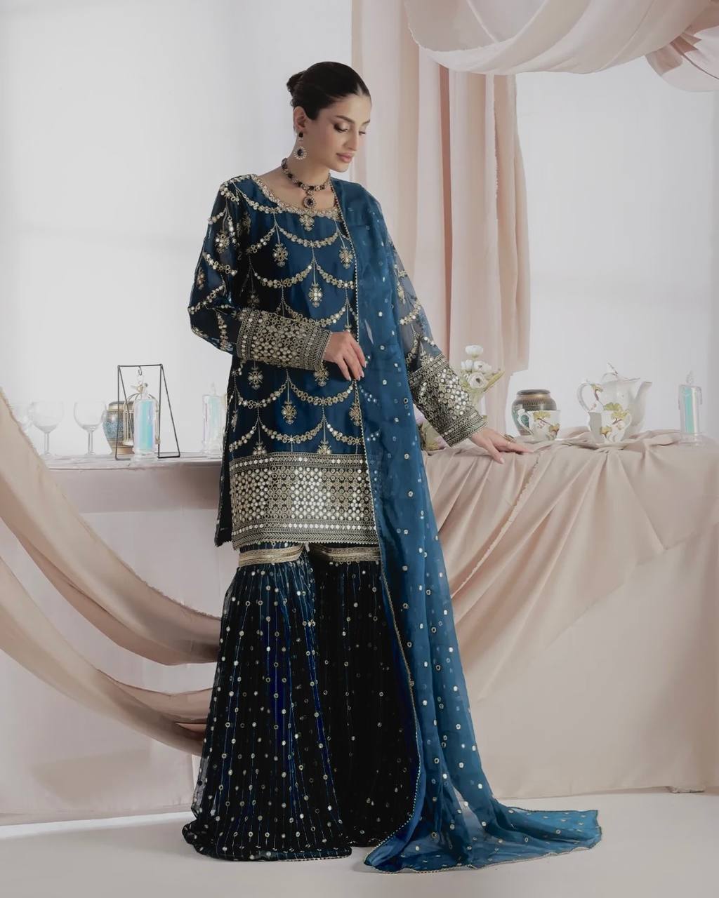 Designer Faux Georgette Embroidered Kurti Sharara Set with Dupatta | Party Wear – D.No. 1369