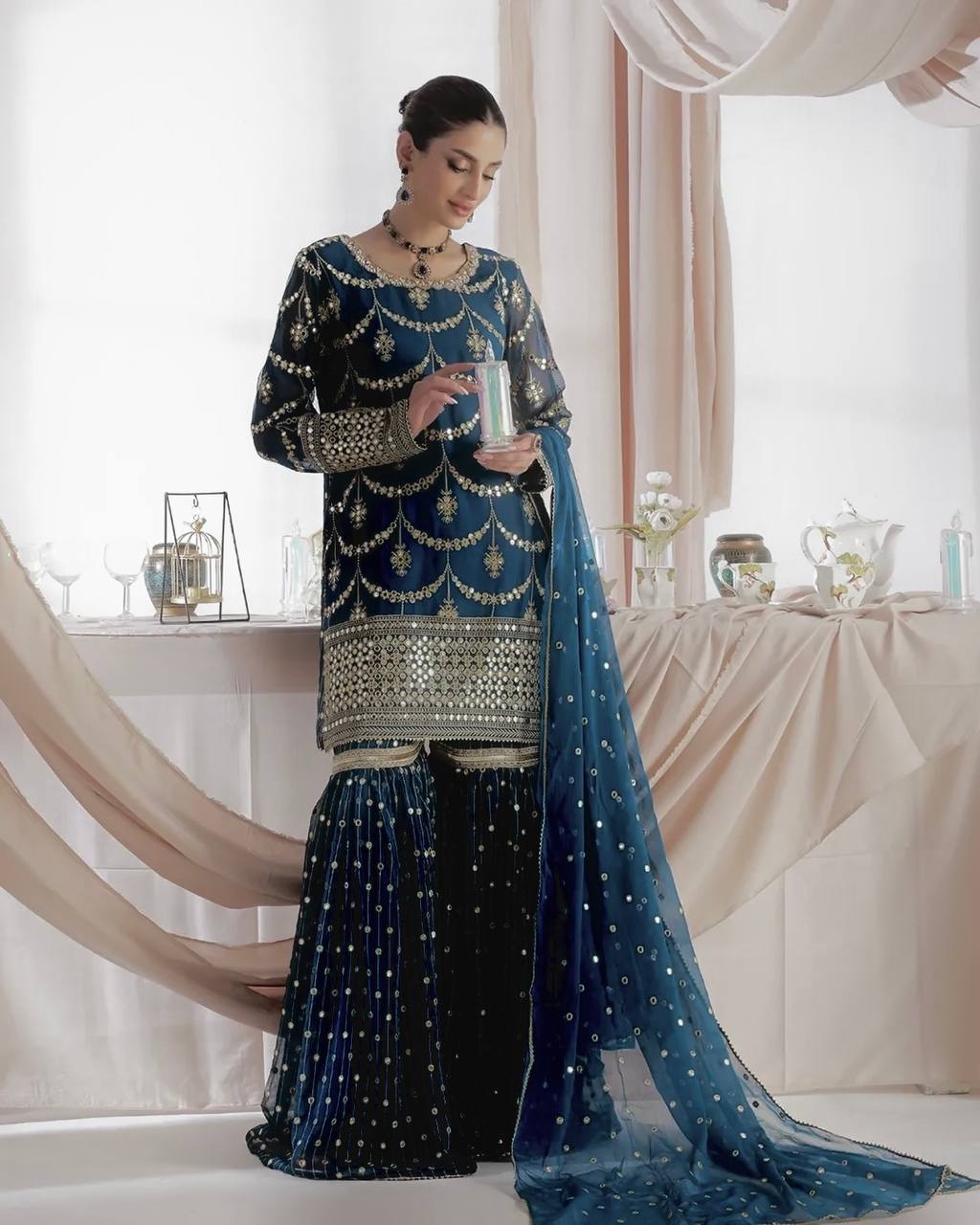 Designer Faux Georgette Embroidered Kurti Sharara Set with Dupatta | Party Wear – D.No. 1369