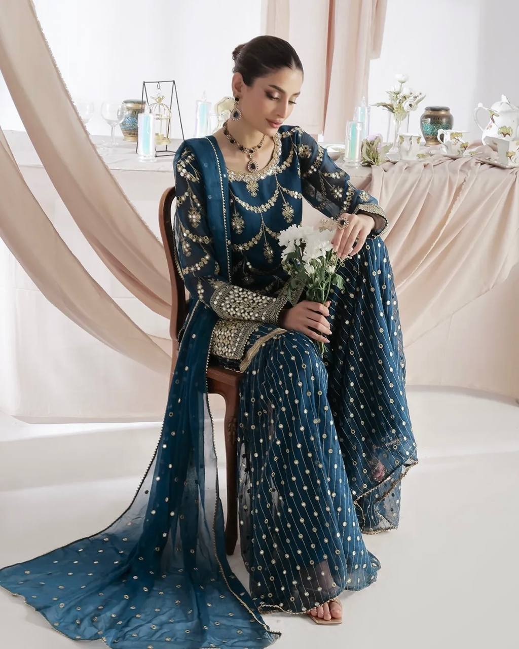 Designer Faux Georgette Embroidered Kurti Sharara Set with Dupatta | Party Wear – D.No. 1369