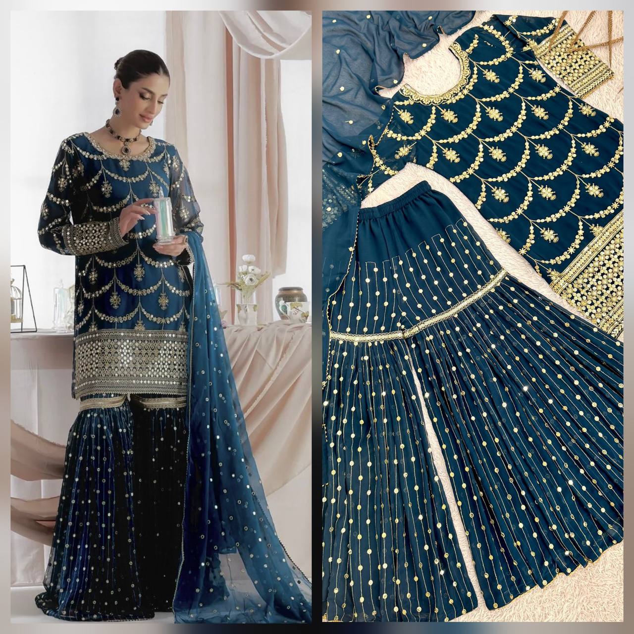 Designer Faux Georgette Embroidered Kurti Sharara Set with Dupatta | Party Wear – D.No. 1369