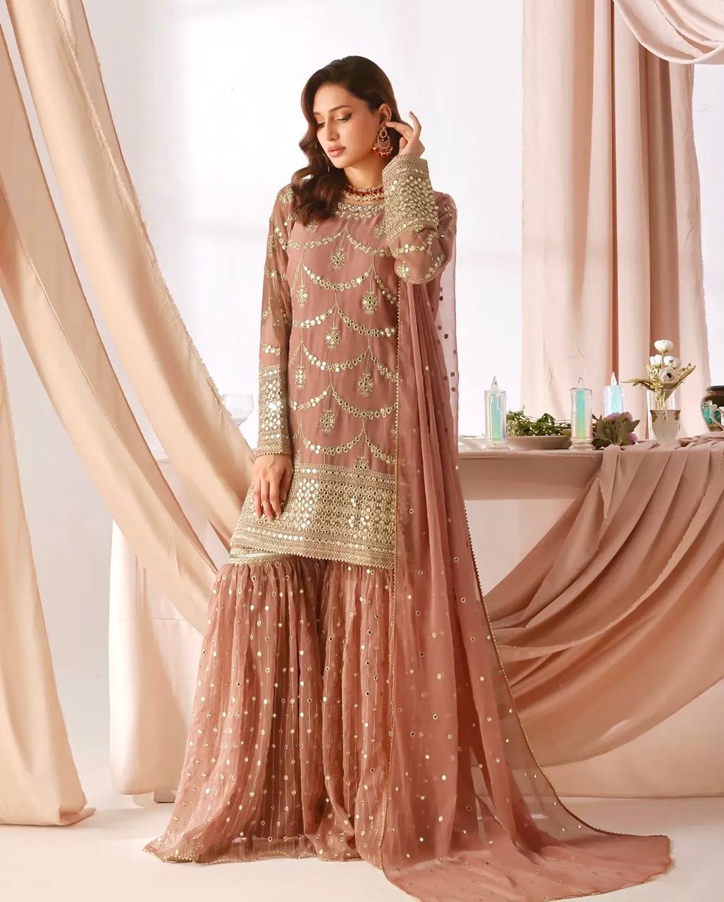Designer Faux Georgette Embroidered Kurti Sharara Set with Dupatta | Party Wear – D.No. 1369
